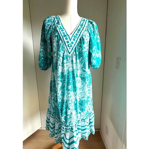 Vintage 80s Ramono Rull Classic Indi Print Summer Dress Size Small Turquoise Wht - Picture 2 of 12